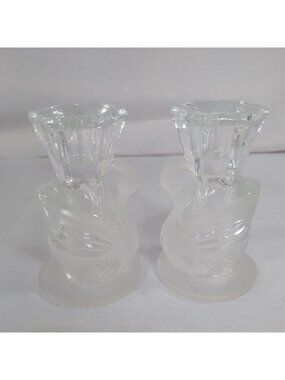 Partylite Swan Candle Holders 2 Pair Clear Frosted Crystal P0168 Candlestick